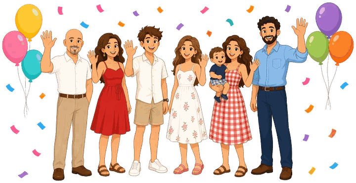 Cartoon family waving with balloons and confetti